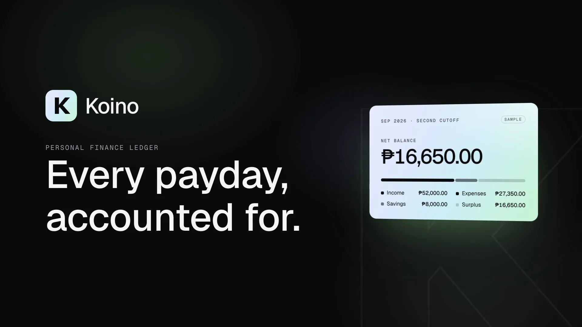 Opening frame of the Koino video: “Every payday, accounted for.” beside a sample cutoff card