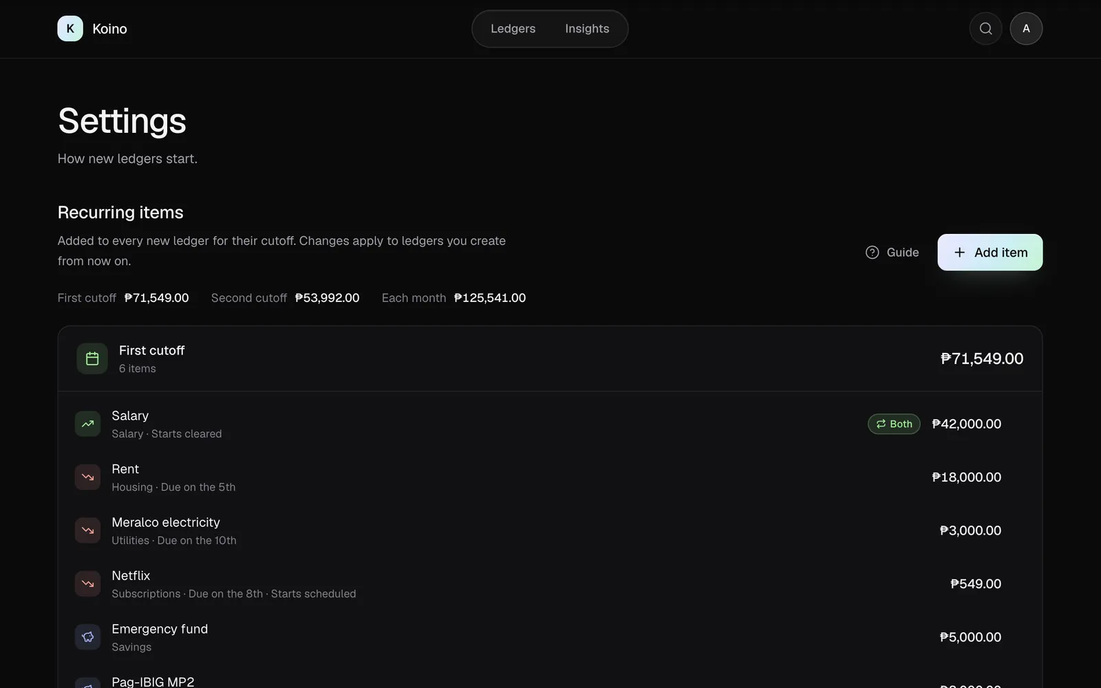 Koino's Settings screen: recurring items for the first and second cutoff