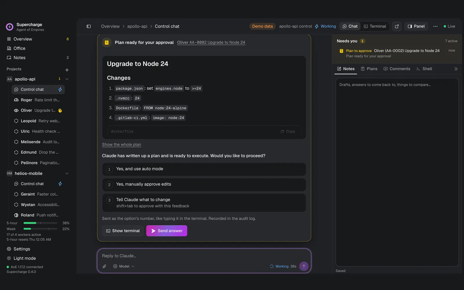 A Supercharge control chat showing a plan that waits for approval