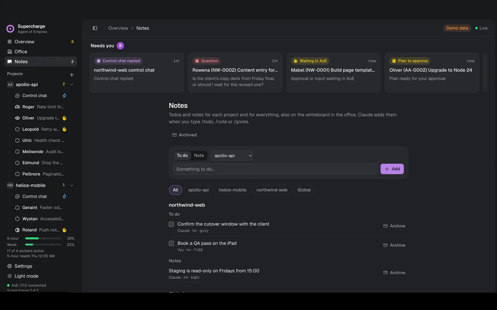 Supercharge's Notes page: todos and notes grouped by project