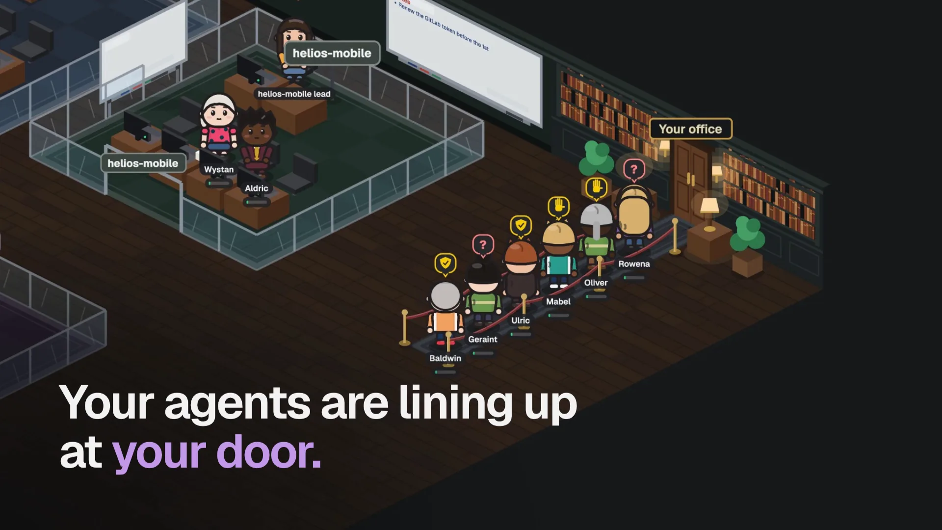 Opening frame of the Supercharge video: “Your agents are lining up at your door.” over the isometric office